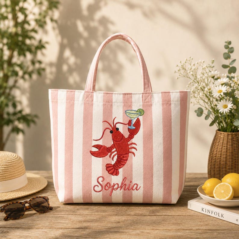 Personalized Lobster Beach Tote Bag, Embroidered Coastal Tote, Custom Name Summer Bag, Preppy Blue Stripe Tote, Vacation Gift for Women bild 5