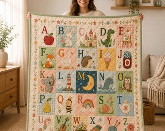 Personalized Alphabet Quilt Blanket, ABC Nursery Blanket, Kids Learning Blanket, Baby Shower Gift, Pastel Animal Letter Quilt Birthday Gift