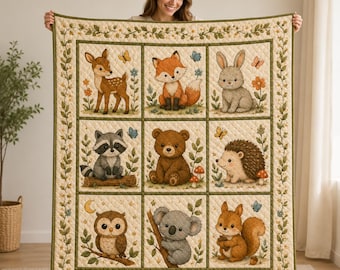 Woodland Animal Quilt Blanket, Forest Nursery Blanket, Baby Girl Boy Blanket, Deer Fox Bunny Bear Owl Quilt, Baby Shower Gift Birthday Gift