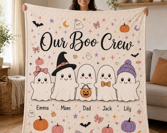 Personalized Halloween Quilt Blanket, Custom Family Boo Crew Ghost Quilt, Cute Pumpkin Autumn Throw, Spooky Gift for Kids, Adults & Family