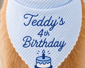 Personalized Dog Birthday Bandana, Custom Embroidered Pet Birthday Scarf, Green Striped Puppy Bandana, Birthday Dog Outfit, Pet Party Outfit