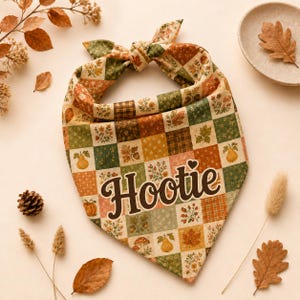 May include: A triangular pet bandana featuring a patchwork pattern of autumn-themed squares in shades of orange, green, brown, and cream. The fabric displays illustrations of leaves, pears, mushrooms, and flowers, with the name Hootie printed in brown.