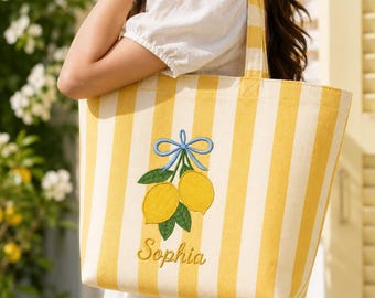 Personalized Lemon Tote Bag, Embroidered Summer Beach Bag, Custom Name Coastal Tote, Yellow Stripe Preppy Tote, Lemon Summer Lover Gift