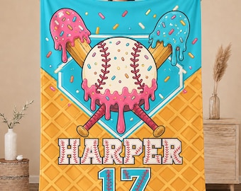 Personalized Baseball Ice Cream Blanket, Custom Name & Age Baseball Throw Blanket, Soft Fleece Gift for Kids, Baseball Birthday Blanket
