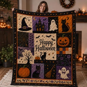 May include: A rectangular quilt featuring a patchwork design with Halloween motifs including black cats, pumpkins, ghosts, a witch hat, a haunted house, and a broomstick. The center panel displays the text Happy Halloween in black script.