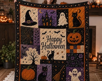 Personalized Halloween Quilt Blanket, Custom Black Cat Ghost Pumpkin Patchwork Quilt, Spooky Fall Bedding, Cozy Autumn Throw Gift Kid