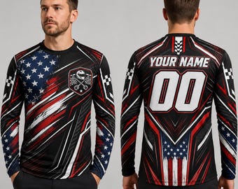 Personalized Racing Jersey Shirt, Custom Name Number Race Car Shirt, American Flag Motorsport Tee, Short Sleeve Pit Crew Shirt, Racer Gift