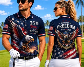 Camisa Polo Personalizada com Nome - 250 Anos de Liberdade, Camisa Polo de Golfe América 250, Camisa Patriótica com Águia, Dia da Independência 2026, Camisa Polo com Nome Personalizado