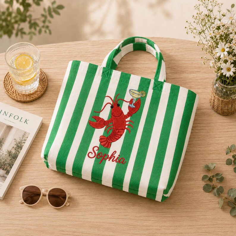 Personalized Lobster Beach Tote Bag, Embroidered Coastal Tote, Custom Name Summer Bag, Preppy Blue Stripe Tote, Vacation Gift for Women bild 4