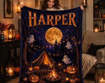 Personalized Halloween Fleece Blanket, Custom Name Ghost Pumpkin Throw, Spooky Camping Blanket, Kids Fall Blanket, Cozy Autumn Gift for Her