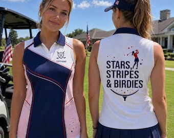 Personalized Stars Stripes & Birdies Women Golf Polo, Patriotic Women's Sleeveless Golf Shirt, Custom Name Golf Top, USA Golf Outfit
