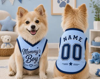 Custom Mommy’s Boy Dog Jersey, Personalized Dog Shirt, Name Number Pet Clothing, Dog Mom Gift, Cute Boy Dog Outfit, Pet Boy Clothing