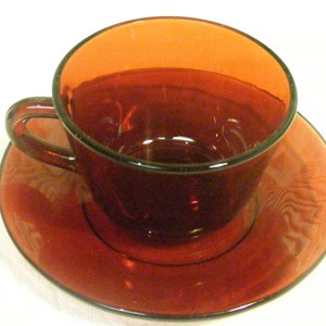 Set of Four Ruby Red Cup and Saucers, Red Glass Cup and Saucers