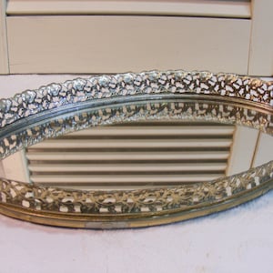 Brass Filigree Mirrored Vanity Tray Floral Pattern