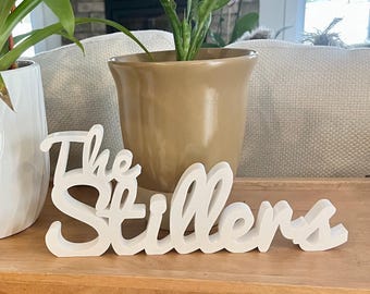 Peut inclure: Un panneau en bois blanc avec l'inscription "The Stillers" en écriture cursive. Le panneau est posé sur une étagère en bois, avec des plantes en pot en arrière-plan. Les plantes sont dans des pots blancs et beiges.