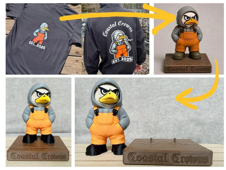 May include: A grey hoodie and t-shirt featuring a graphic of an eagle wearing a grey hoodie and orange overalls with the text Coastal Crowns EST. 2025, alongside a matching eagle figurine on a wooden base with the text Coastal Crowns engraved.