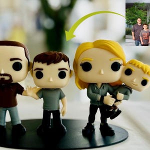 May include: A set of four custom vinyl figures representing a family, including two adults and two children. The figures feature large heads, black circular eyes, and are mounted on a black circular base, modelled after a photograph of a family.