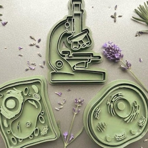 May include: A collection of green cookie cutters in the shapes of a microscope and plant and animal cells. Lavender sprigs and petals are scattered around the cutters on a gray surface.