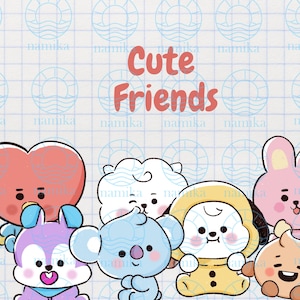 Könnte beinhalten: Digitale Illustration mit sieben Cartoon-Charakteren mit niedlichen Ausdrücken. Die Charaktere sind in verschiedenen Farben, darunter Rosa, Blau und Gelb. Der Text "Cute Friends" wird in Rot angezeigt. Der Hintergrund hat ein Rastermuster.