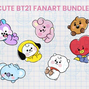 Puede incluir: Una colección de siete ilustraciones de personajes de dibujos animados en varios colores. Los personajes están en diferentes poses y tienen diseños únicos. El texto "CUTE BT21 FANART BUNDLE" está en la parte superior de la imagen. El fondo es un patrón de cuadrícula.