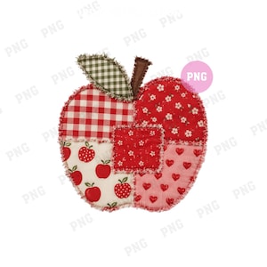 May include: A fabric apple applique featuring a patchwork design with frayed edges. The apple includes sections of red and white gingham, a green and white checkered leaf, red floral patterns, and a cream background with small red apple prints.