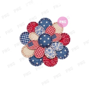 Puede incluir: Un diseño floral compuesto por círculos de tela en rojo, blanco y azul. Los círculos presentan patrones como la bandera estadounidense, estrellas, cuadros vichy e estampados florales. Ideal para manualidades o decoración.