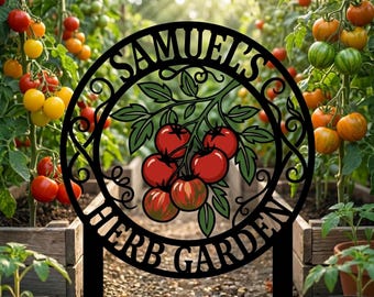Letrero metálico personalizado para jardín – Estaca para hierbas aromáticas personalizada, decoración de tomate