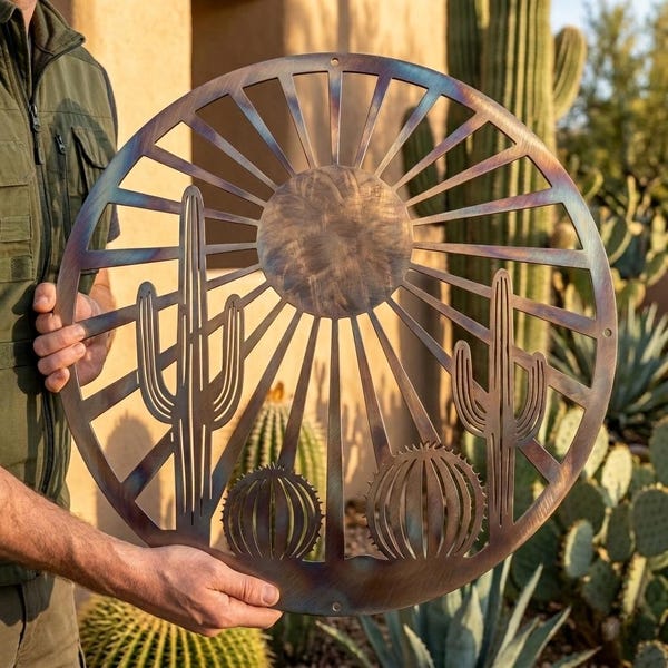 Decoración de pared metálica con forma de cactus – Sol del desierto, estilo rústico del suroeste para exteriores