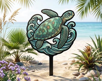Sea Turtle Garden Stake, Coastal Metal Yard Art, Beach Outdoor Decor