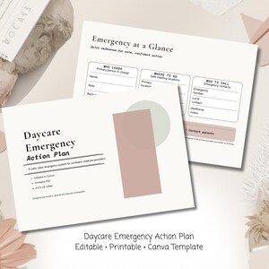 Puede incluir: Dos documentos de papel blanco con texto, "Daycare Emergency Action Plan" y "Emergency at a Glance". Los documentos están sobre un fondo claro con un diseño rosa y verde. El texto "Editable, Printable, Canva Template" está en la parte inferior.