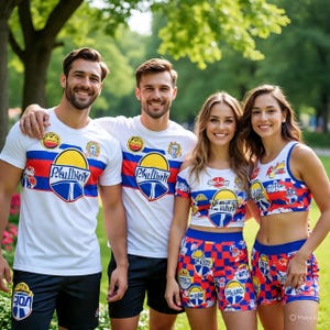May include: Four people wearing matching white t-shirts, crop tops, and shorts with a colorful design. The shirts have a blue, red, and yellow emblem with text. The shorts are red and blue checkered with matching emblems. The group is smiling outdoors.
