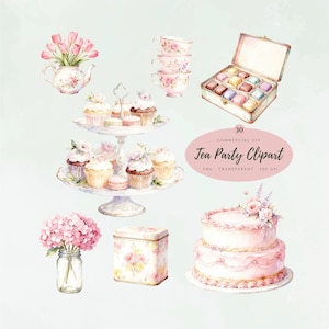 Op de afbeelding: Een aquarelcollectie van theekransje-elementen, waaronder een bloemrijke theepot met roze tulpen, een etagère met cupcakes en macarons, drie gestapelde bloemrijke theekopjes, een doos chocolaatjes, een boeket hortensia's, een bloemrijk blik en een taart.