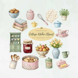 May include: A collection of watercolor illustrations featuring cottage kitchen items. Includes a green cabinet, a jar of red jam, a bowl of apples, a vase of yellow tulips, and a pink tea cup. The text reads "Cottage Kitchen Clipart".