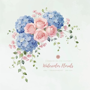 Puede incluir: Una ilustración digital de un arreglo floral con racimos de hortensias azules y rosas de color rosa suave, acentuado con pequeñas flores rosadas y hojas verdes. El texto dice 12 COMMERCIAL USE CLIPART Watercolor Florals PNG TRANSPARENT 300 DPI.