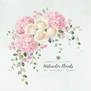 Op de afbeelding: Een aquarel bloemstuk met zachtroze hortensiaclusters en crèmekleurige rozen, geaccentueerd met delicate groene bladeren en kleine roze bloesems. De tekst luidt 12 COMMERCIAL USE CLIPART Watercolor Florals PNG TRANSPARENT 300 DPI.