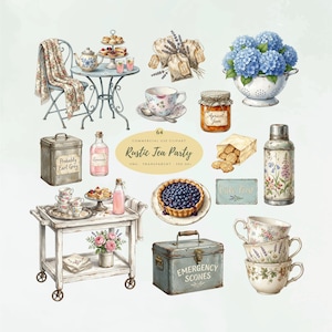 Op de afbeelding: Een verzameling aquarelillustraties met een theetafel met bloemendeken, blauwe hortensia's in een vergiet, een theepot, theekopjes, een pot abrikozenjam, een bosbessentaart, een metalen trommel met het opschrift Emergency Scones en een theeserveerwagen.