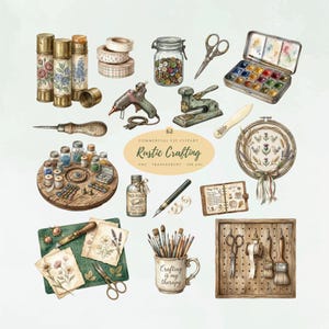 Op de afbeelding: Een verzameling aquarelillustraties met knutselbenodigdheden, waaronder lijmstiften, washi-tape, een pot met knopen, scharen, een aquarelpalet, een lijmpistool, een nietmachine, een houten organizer, een borduurring, lijm, een pen, een notitieboek en gereedschap.