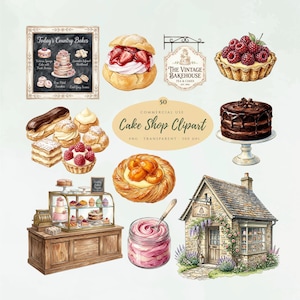 Op de afbeelding: Een verzameling aquarelillustraties met diverse gebakjes, waaronder een chocoladetaart op een standaard, een frambozentaartje, soesjes, gebak, een winkelpui van een bakkerij, een vitrine en een bord met de tekst The Vintage Bakehouse.