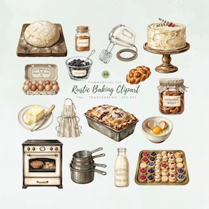 Op de afbeelding: Een verzameling bak-illustraties met deeg op een houten plank, kaneel, een handmixer, een geglazuurde taart, eieren, rozijnen, brood, karamelsaus, boter, een schort, een bessenpastei, een kom met eieren, een oven, pannen, melk en gebakjes.