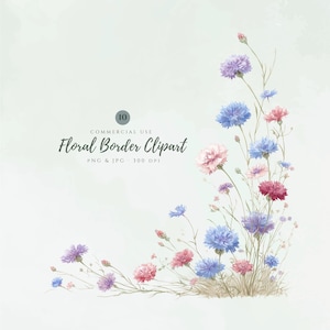 Op de afbeelding: Waterverf bloemenrand clipart met blauwe, roze en paarse bloemen. De tekst "Floral Border Clipart" wordt weergegeven met "PNG & JPG 300 DPI". Geschikt voor commercieel gebruik.