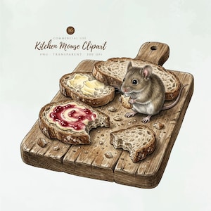 Op de afbeelding: Een illustratie van een muis die brood eet op een houten plank. Broodschijfjes zijn besmeerd met boter en jam. De tekst "Kitchen Mouse Clipart" is zichtbaar.