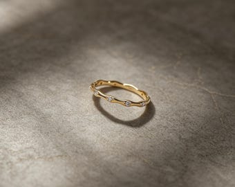 14K Gold Bamboo Diamond Ring, Cubic Zirconia Thin Band, Dainty Stacking Ring, Simple Promise Ring, Wedding Jewelry Gift for Her