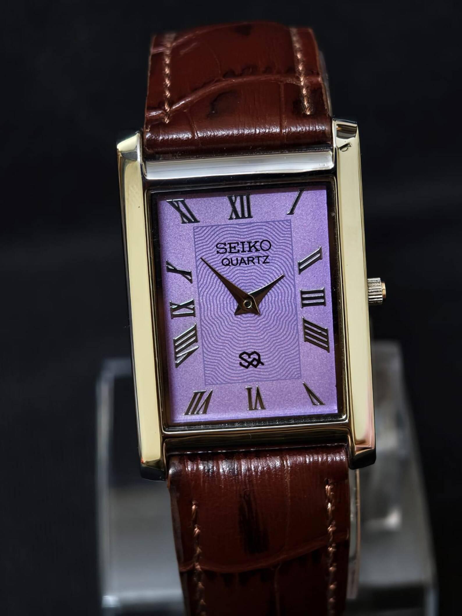 時計 Vintage Seiko Quartz Purple women works Vintage Seiko Quartz Tank Watch Purple Face Silver Tone Case