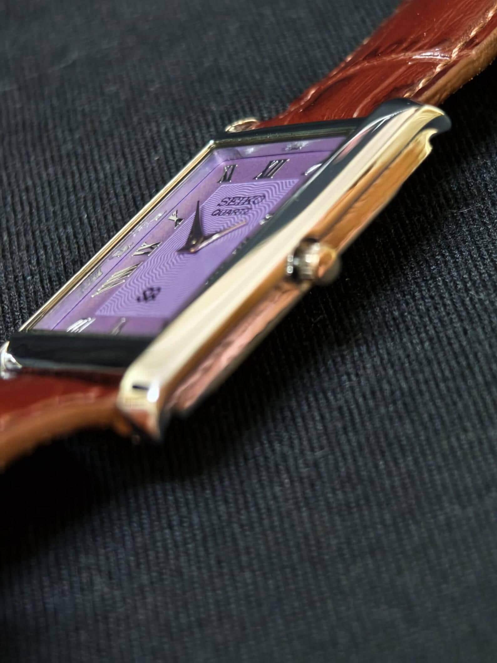 Vintage Seiko Quartz Tank Watch Purple Face Silver Tone Case