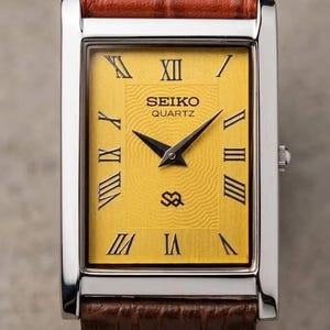 Vintage Seiko Herren-Kleideruhr - Gelbes Zifferblatt Rechteckiges Gehäuse Quartz Überholt