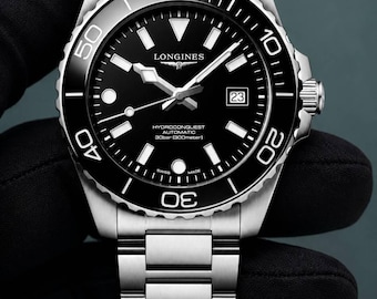 Orologio da polso subacqueo vintage Longines HydroConquest automatico con quadrante nero e cassa in acciaio inossidabile da uomo.
