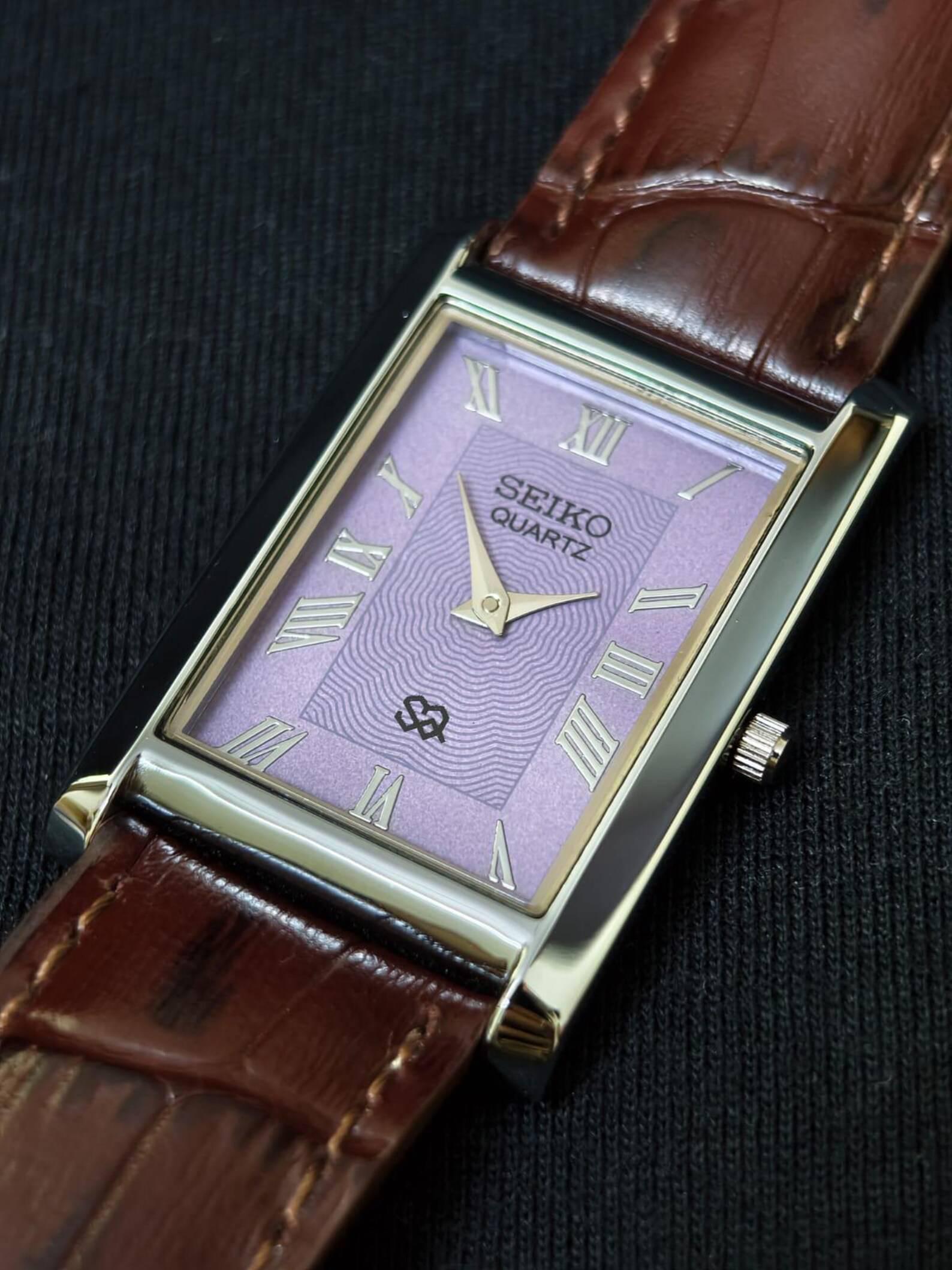 Vintage Seiko Quartz Tank Watch Purple Face Silver Tone Case