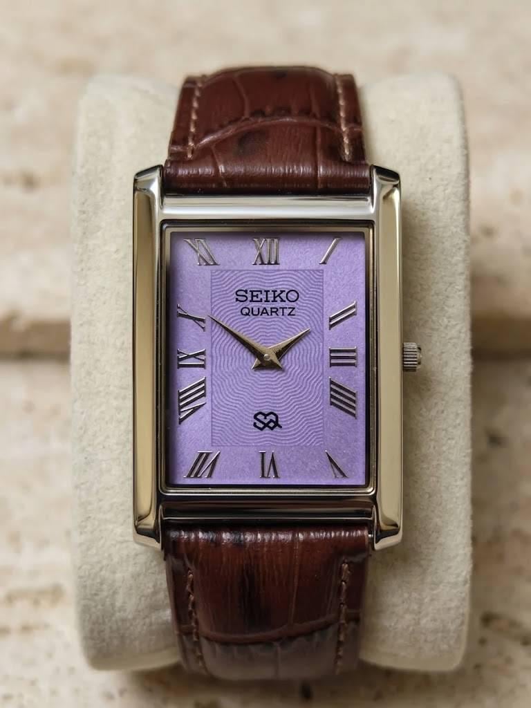 時計 Vintage Seiko Quartz Purple women works Vintage Seiko Quartz Tank Watch Purple Face Silver Tone Case