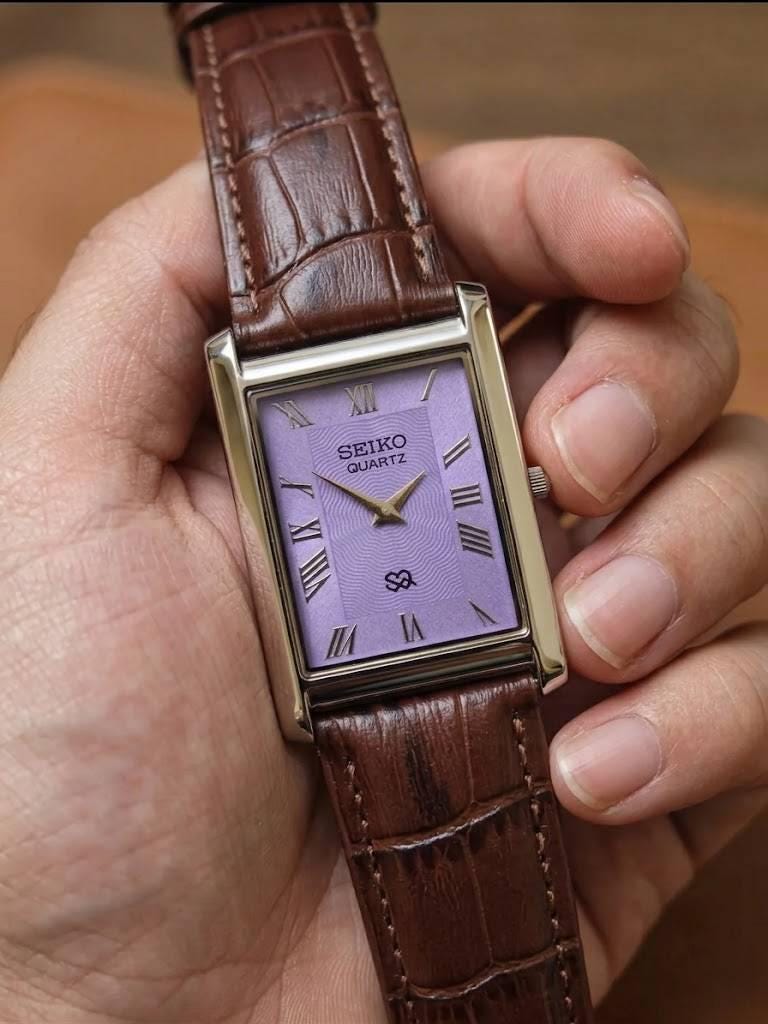Vintage Seiko Quartz Tank Watch Purple Face Silver Tone Case