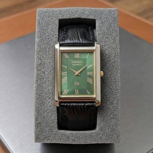 Vintage Seiko Slim Tank-klocka – romerska siffror med grön urtavla – renoverad